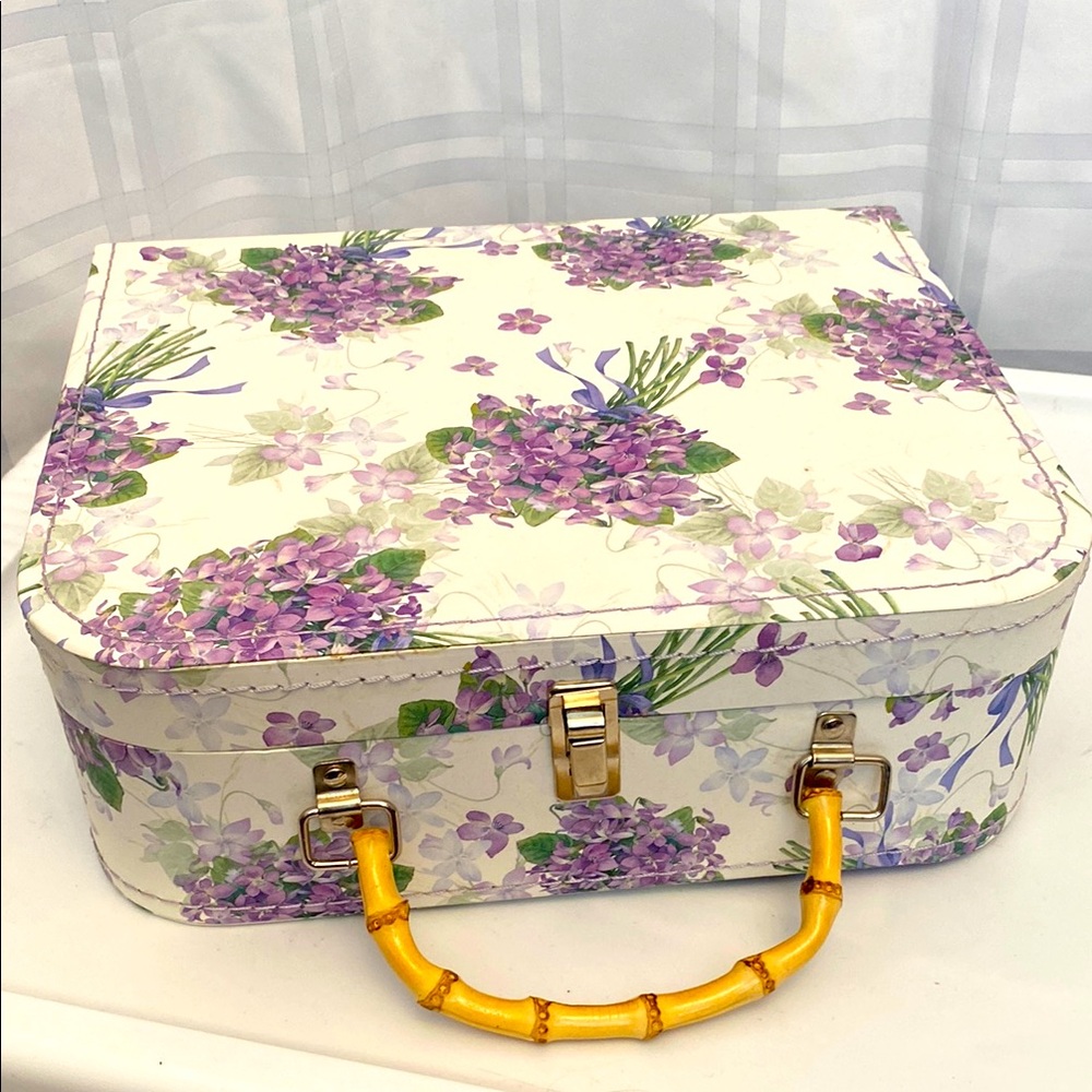 Lady Jayne Purple Floral Violet Medium Stacking Suitcase with Bamboo Handle